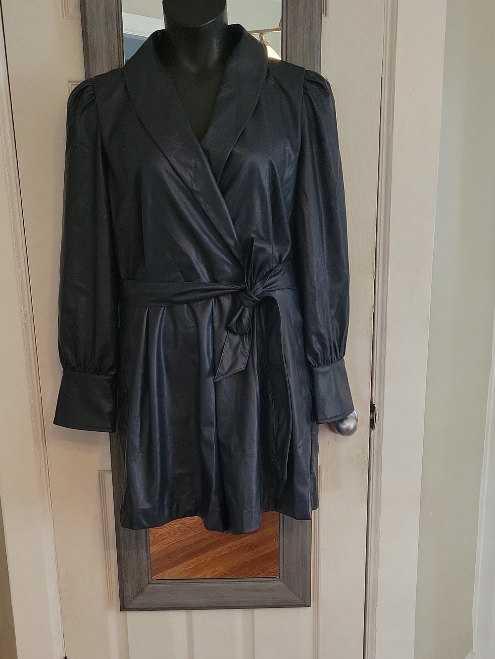 BCBG Womens Navy Blue Faux Leather Jumper with Tie Belt